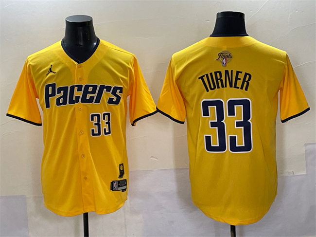 Men's Indiana Pacers #33 Myles Turner Yellow 2025 Finals Vapor Stitched Baseball Jersey